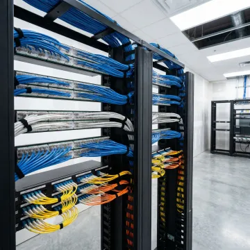 Organized network rack with labeled structured cabling and patch panels