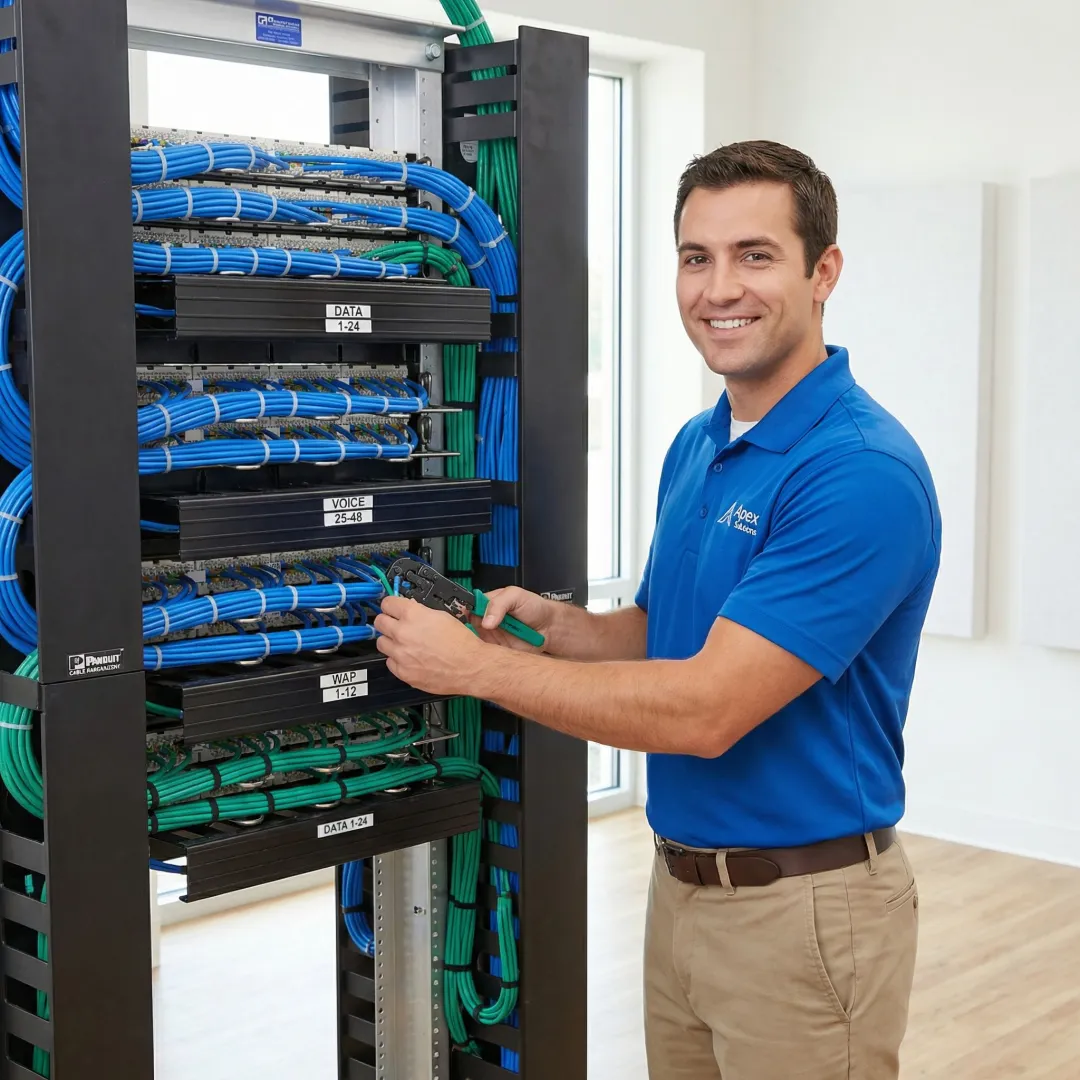 Certified technician installing structured network cabling in professional environment