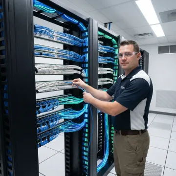 Professional network cabling installation with organized server rack and structured wiring system