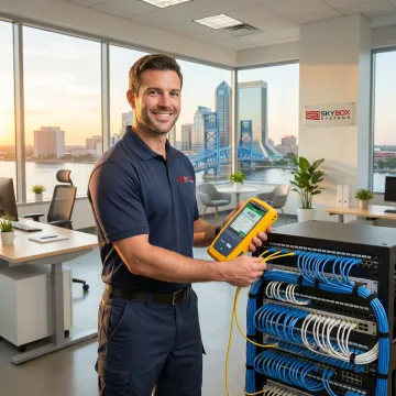 Technician performing network certification testing on structured cabling infrastructure in Jacksonville office