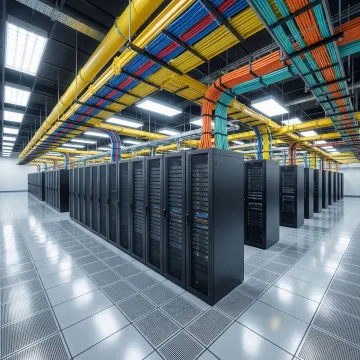 Professional data center infrastructure with organized fiber optic and structured cabling systems in Atlanta facility