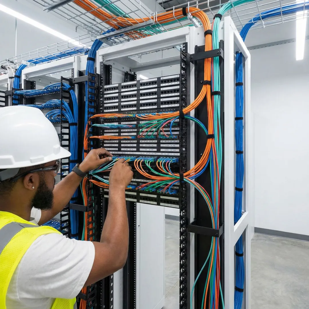 Data center technician installing and organizing fiber optic cables in server rack
