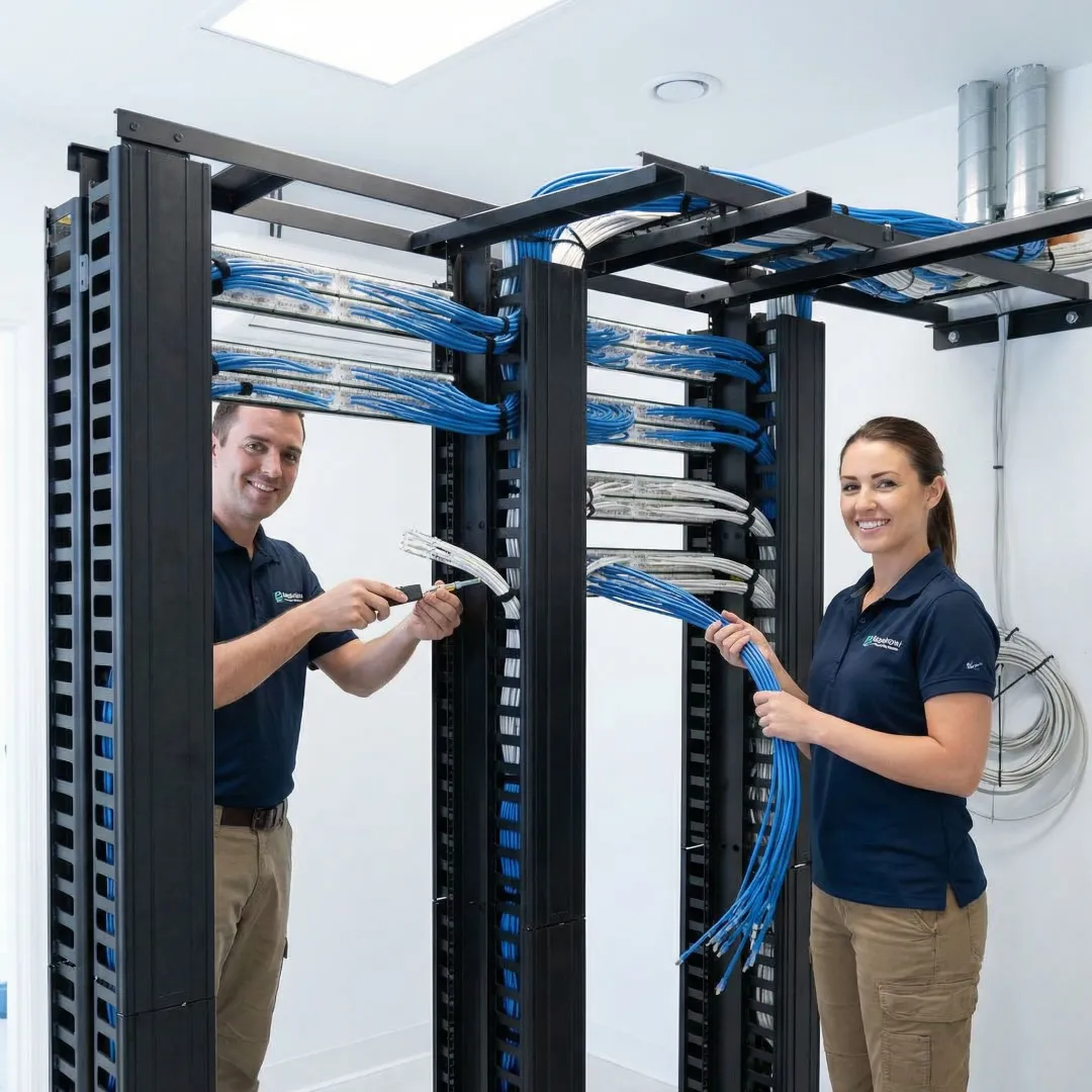 Certified technicians installing enterprise network infrastructure