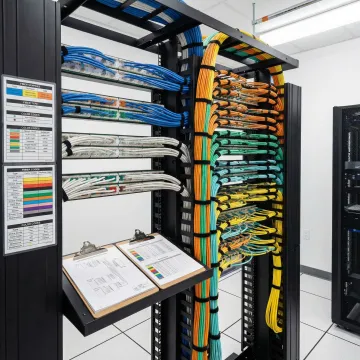 Organized network rack with labeled Cat6 patch panels and fiber optic connections