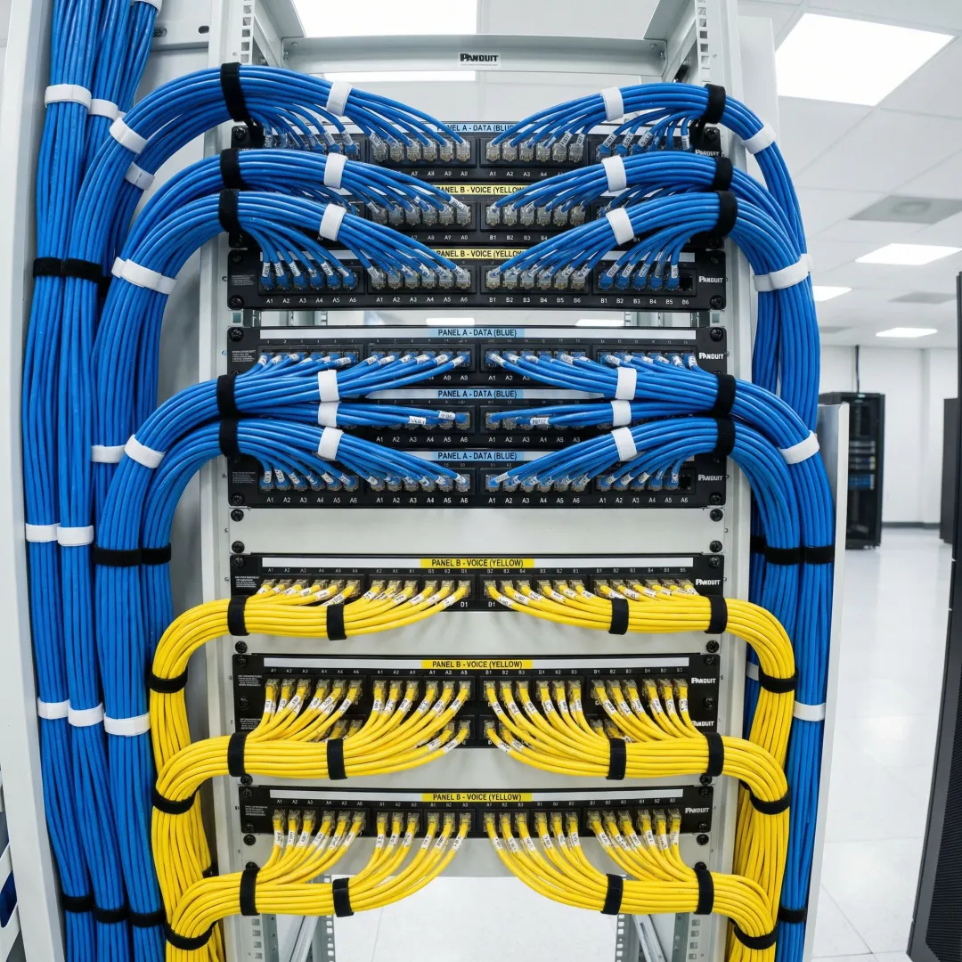 Organized APC network cables with color-coded patch panels in enterprise server room
