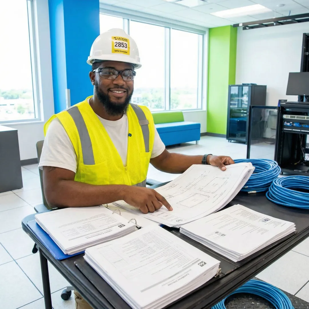 BICSI certified installer examining structured cabling documentation and network infrastructure