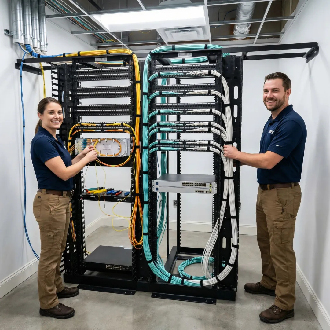 Network technicians installing structured cabling in commercial building