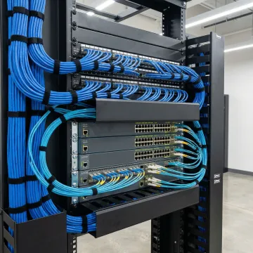 Professional network infrastructure installation with structured cabling and equipment racks