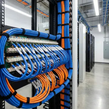 Professional cable labeling system with organized wire identification tags on structured network cabling