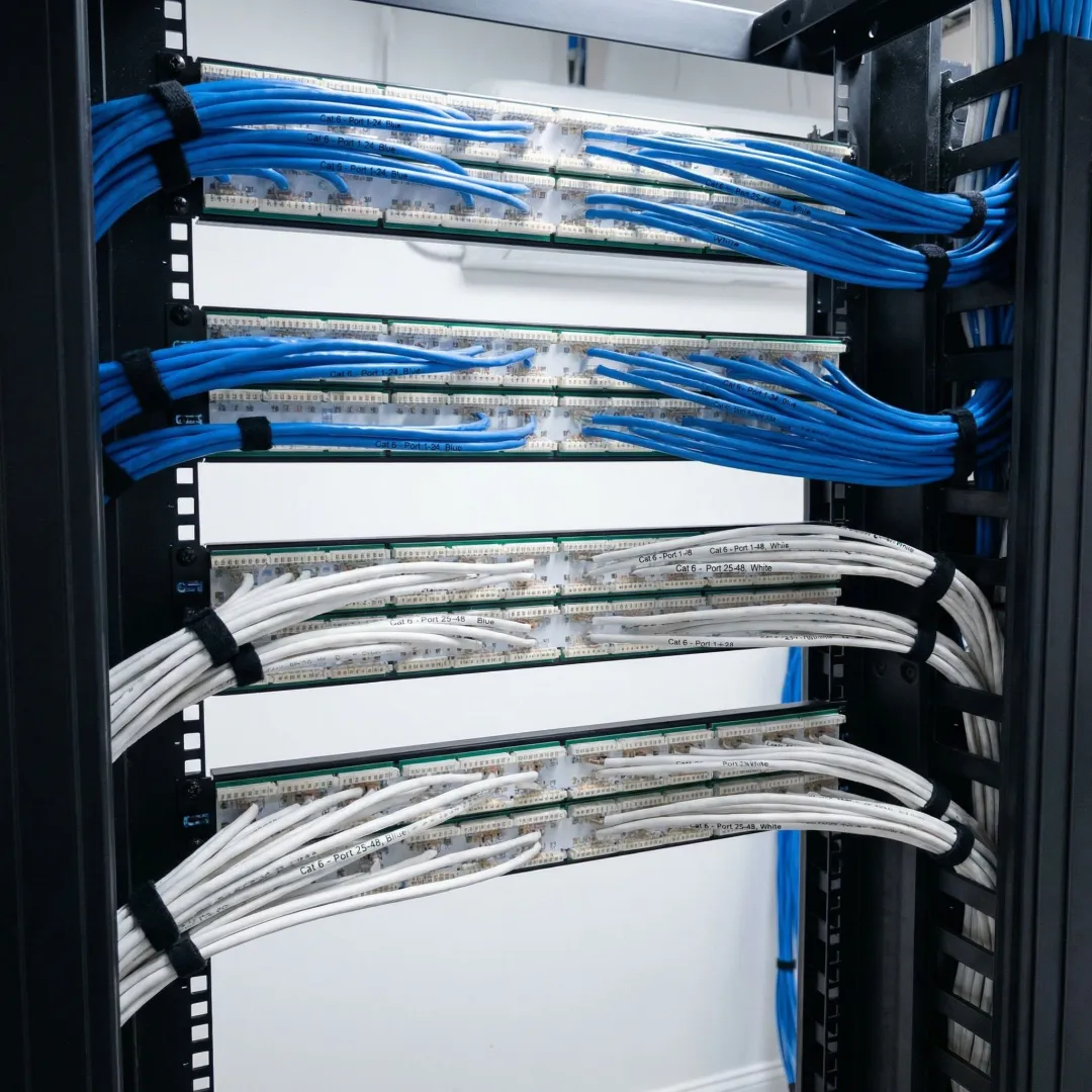 Organized Cat 6 cable installation with proper labeling and cable management