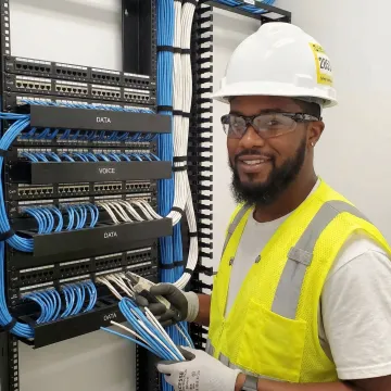 Professional network technician installing structured cabling in a modern communications room
