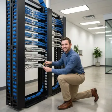 Professional IT technician installing network cabling infrastructure in Jacksonville office