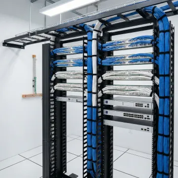 Organized network rack with labeled structured cabling and professional cable management