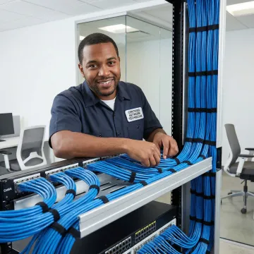 Professional technician installing Cat6A structured cabling in modern Atlanta office