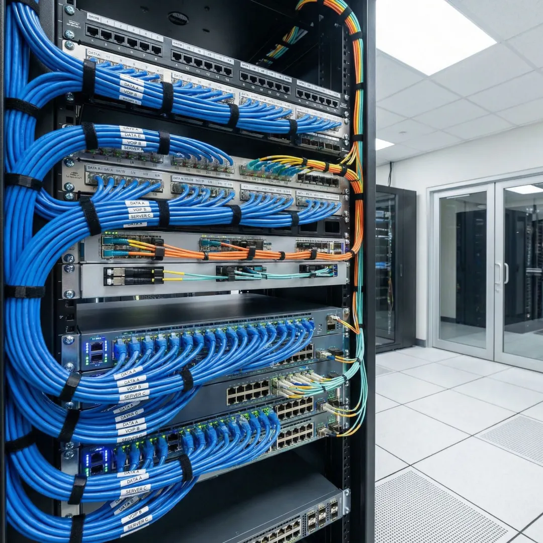 Organized network rack with labeled patch panels and structured cabling