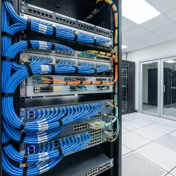 Organized network rack with labeled patch panels and structured cabling