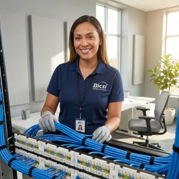 Professional technician installing structured data cabling system in modern office environment