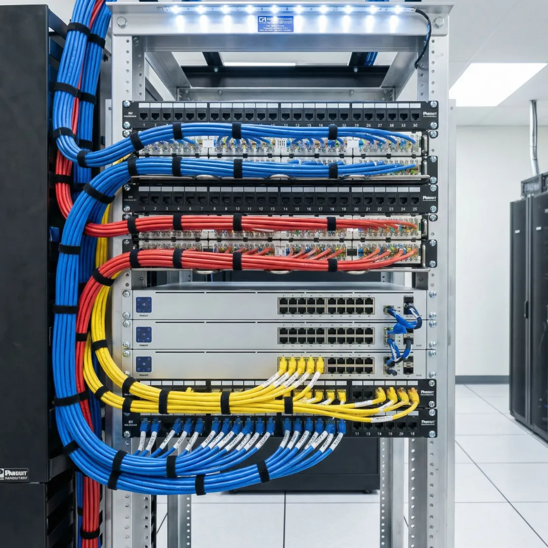Organized network infrastructure with labeled cables and professional rack mounting