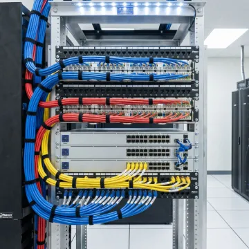 Organized network infrastructure with labeled cables and professional rack mounting