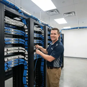 Professional network cabling installation in modern office environment