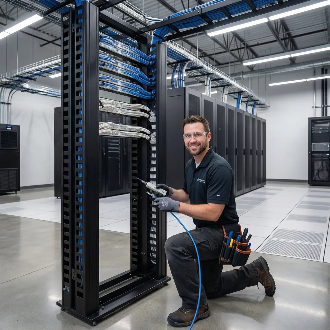 Technician installing structured cabling in enterprise data center rack
