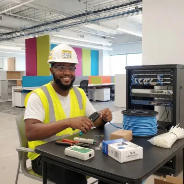Professional technician installing structured data cabling in Jacksonville commercial office