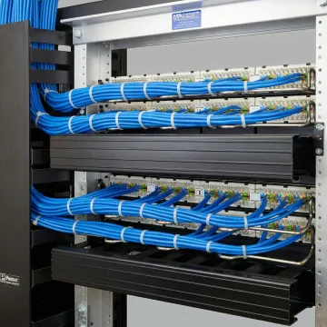 Organized DS3 cross connect rack with professional cable management