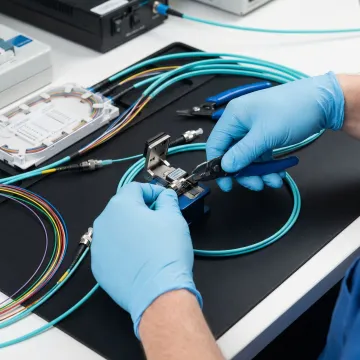 Professional technician performing precision fiber optic cable termination with specialized tools