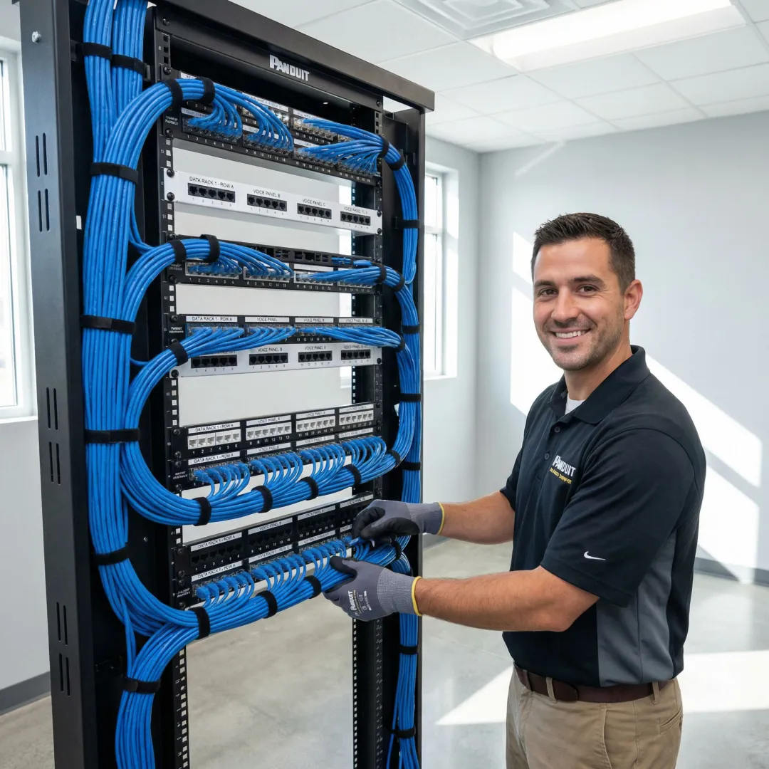 Enterprise network cabling installation with organized Cat6 cables and patch panels