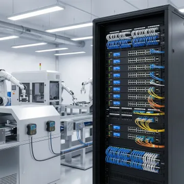 Industrial networking infrastructure with fiber optic cables and network equipment for IoT operations