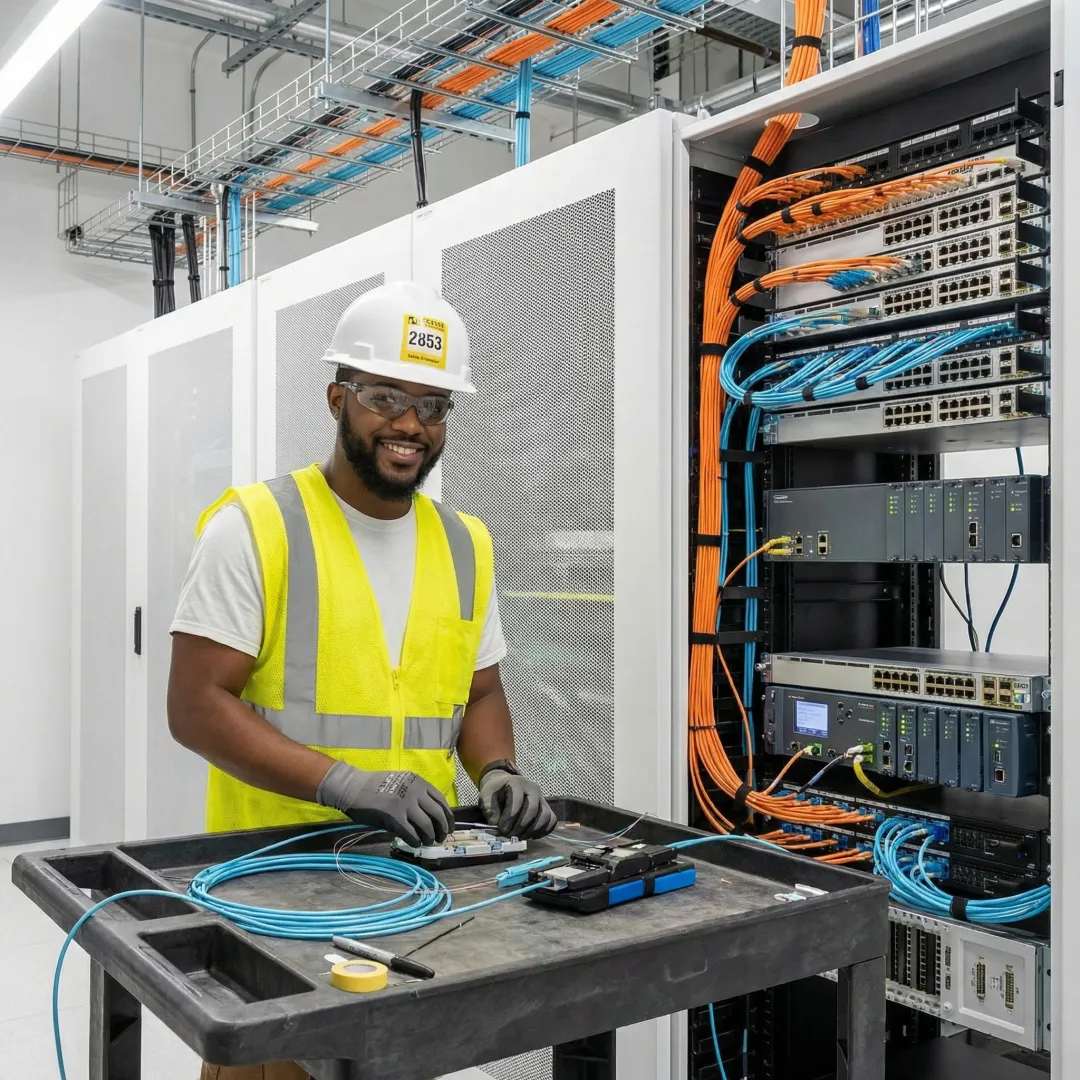 Technician installing network infrastructure in industrial IoT environment