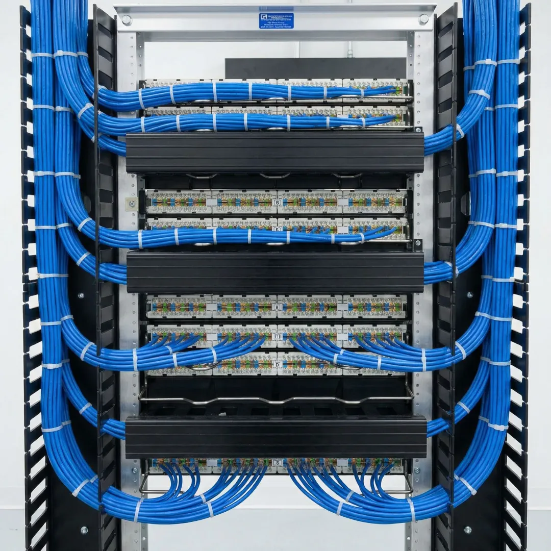 Organized network cabling infrastructure with labeled patch panels