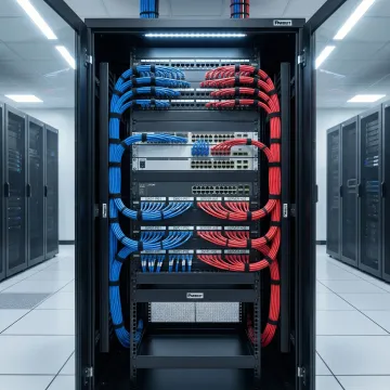 Organized network server room with labeled structured cabling and patch panels