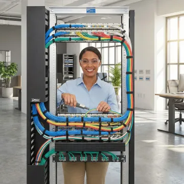 Professional technician installing structured network cabling in modern office environment