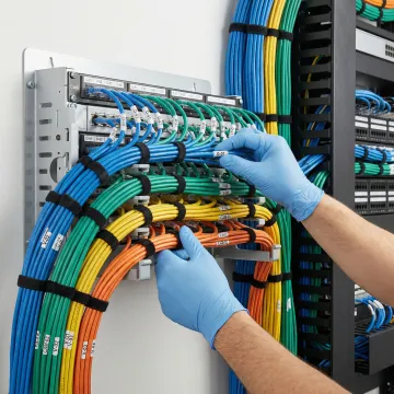 Network technician organizing structured cabling in communications room with labeled patch panels