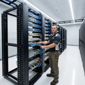 Professional IT infrastructure installation with structured cabling and network equipment in modern server room