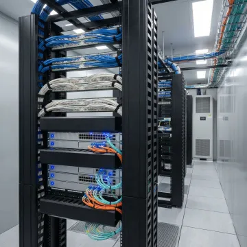 Professional network infrastructure installation showing structured cabling and rack-mounted equipment