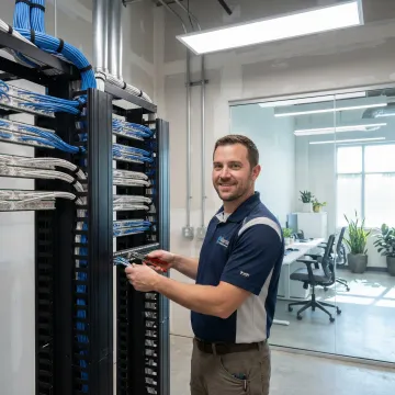 Professional IT network installation technician working on structured cabling in Atlanta office