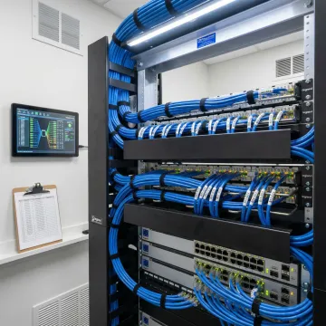 Organized Legrand network cabling installation in professional server room with labeled cables