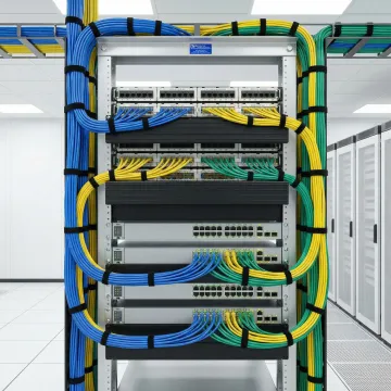 Organized network rack with professionally labeled structured cabling and patch panels