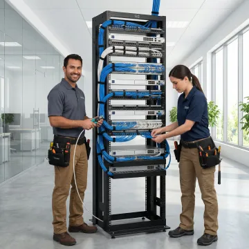 Certified technicians installing structured network cabling system