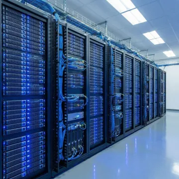 Enterprise network infrastructure with organized server racks and structured cabling