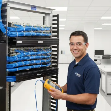 Professional network cabling installation with organized structured cabling and technician testing connectivity
