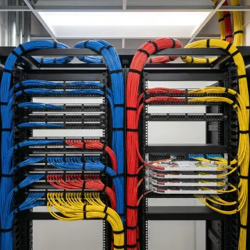 Organized network cabling infrastructure with labeled patch panels