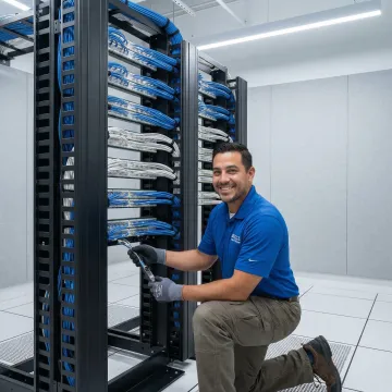 Certified network installer working on structured cabling system in professional office environment