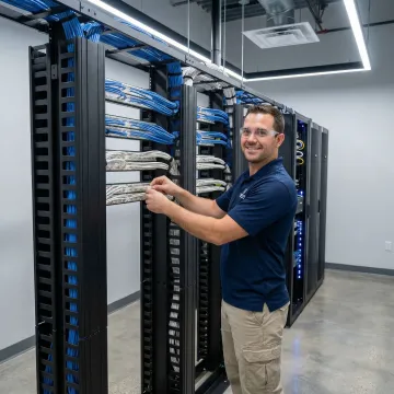 Professional network installer working on structured cabling in a modern office environment