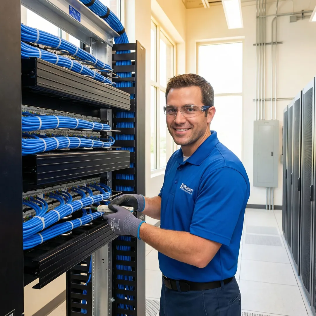 Professional network technician installing structured cabling system in modern office environment