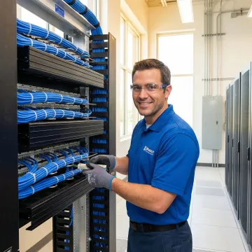 Professional network technician installing structured cabling system in modern office environment
