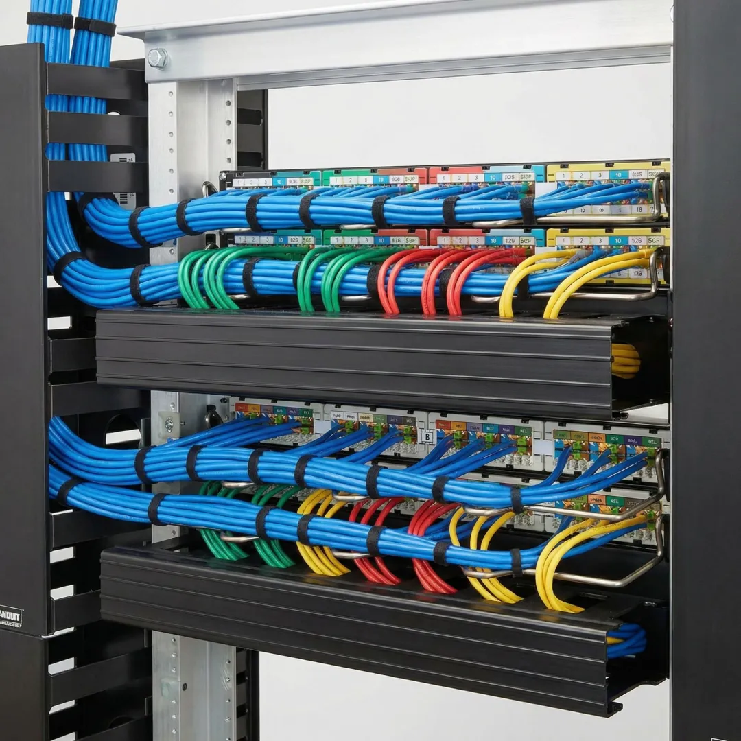 Organized network rack with labeled structured cabling and patch panels in professional installation