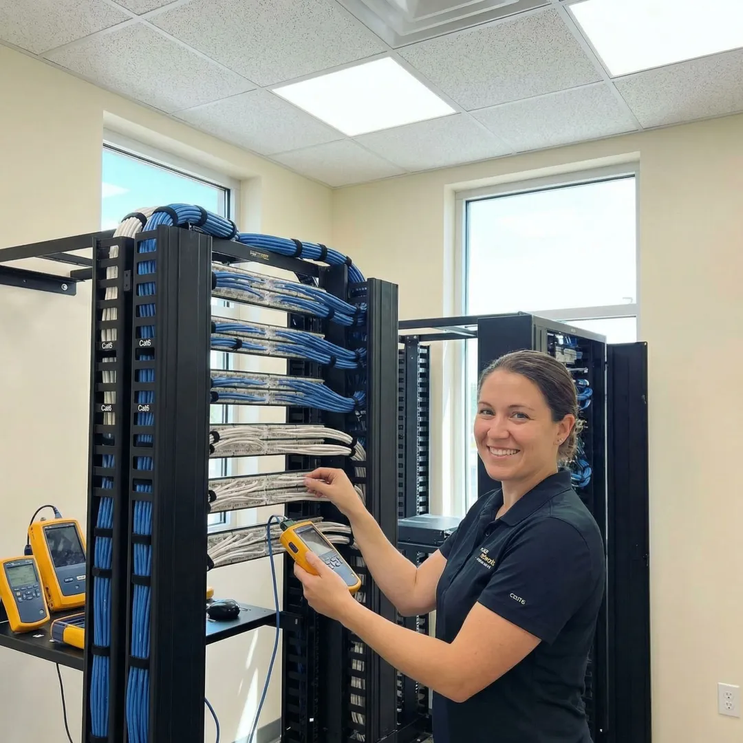 Network technician installing structured cabling in retail environment